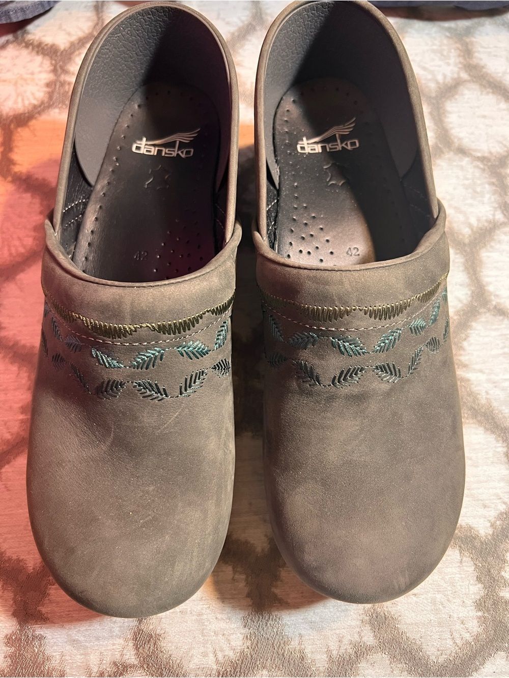 Dansko Nubuck Suede Grey Clogs Teal and Olive Embroidery stitching US 11-11.5